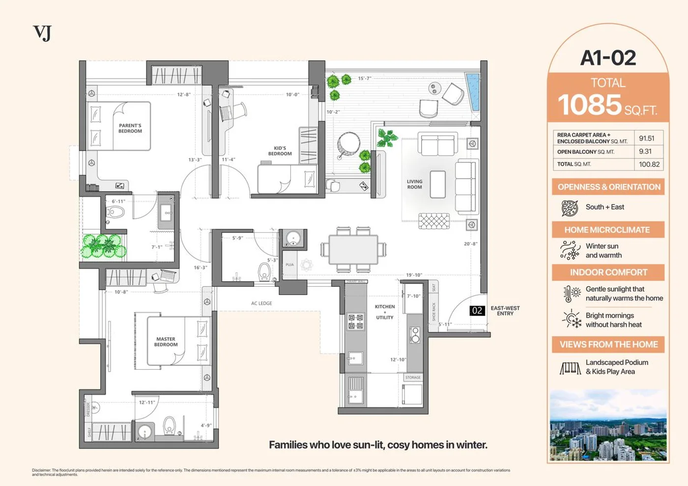 3 BHK A1-A2 Tower Unit Plan